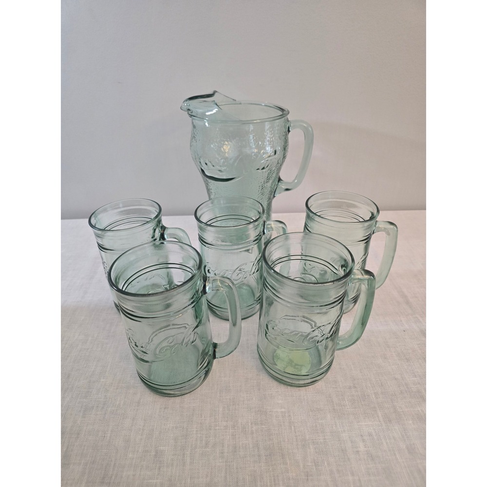 Coca-Cola Indiana Glass Pitcher & Mug Set Green Glass Green 6 Piece Excellent